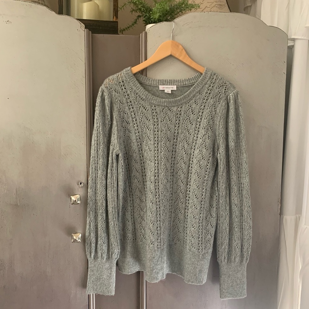 Liz Claiborne Gray Puff Sleeve Knit Long Sleeve Sweater